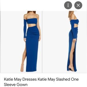 Katie May blue slashed one sleeve cutout beautiful gown in blue color size large